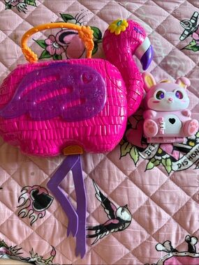 Polly Pocket Pink Flamingo Carry Case Toy with Bunny Accessory bundle
